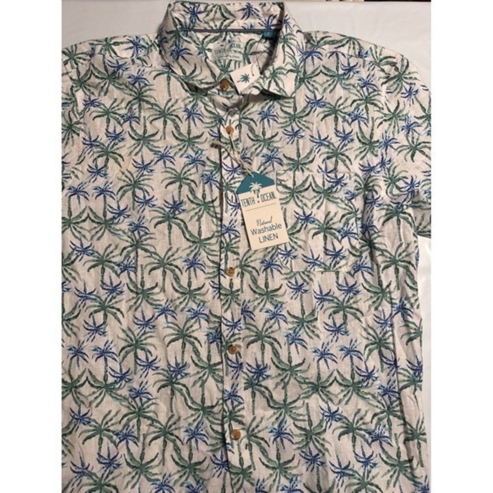 NWT Mens Tenth Ocean Linen Palm‎ Tree Print Button Down Short Sleeve Shirt